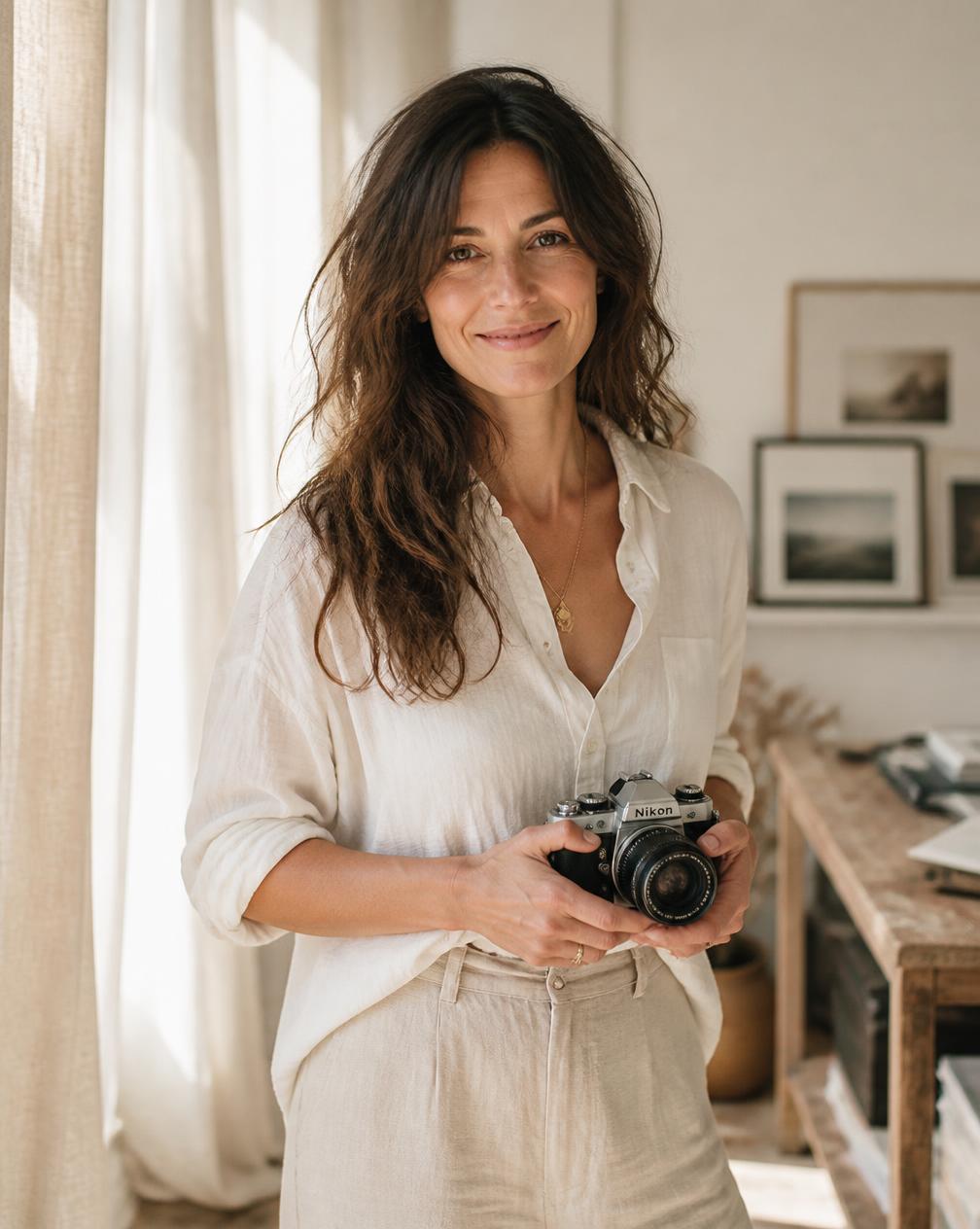 Photographer Jess Zappia holding a film camera in her sunlit studio